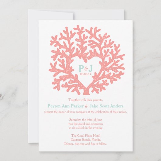 Coral Heart Aqua Beach Invitations de mariage (Devant)