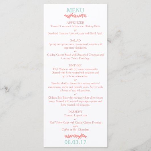 Coral Heart Aqua Beach Menu Mariage (Devant)