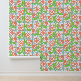 Coral Lime & Aqua Bloemendecoratie op Bamboe Trali Behang