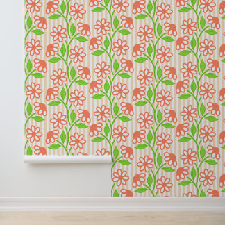 Coral & Lime Bloemen op Cabana Strepen Behang