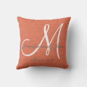 Coral Linen Gray White Monogram Weddenschap Kussen (Achterkant)