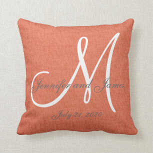 Coral Linen Gray White Monogram Weddenschap Kussen
