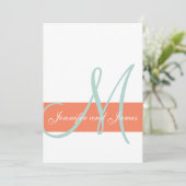 Coral Mint Green Monogram Names Simple Wedding Kaart (Staand voorkant)