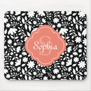 Coral Monogram Quatrefoil Black Floral Pattern Muismat