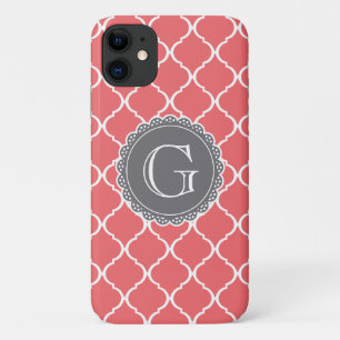 Coral Moroccan Lattice Pattern Gray Monogram iPhone 11 Hoesje