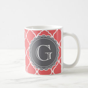 Coral Moroccan Lattice Pattern Gray Monogram Koffiemok