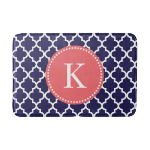 Coral Navy Blue Custom Monogram Quatrefoil Patroon Badmat