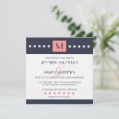Coral Navy Blue Monogram Wedding Invitations Kaart (Staand voorkant)