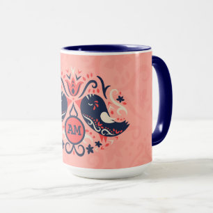 Coral Navy Blue Monogrammed Folk Art Birds Decor Mok