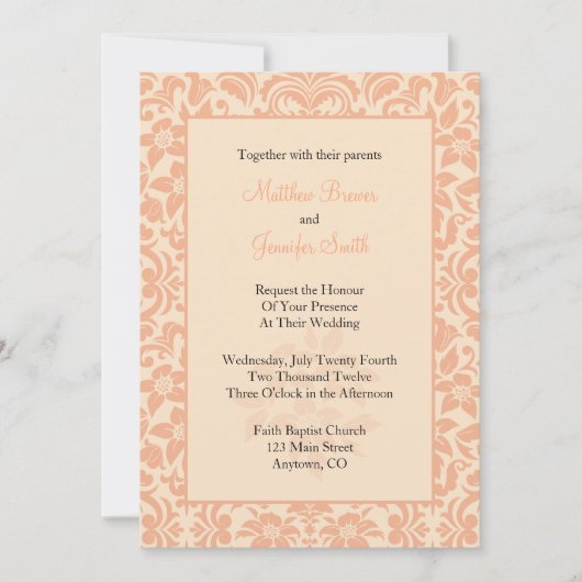 Coral of Peach Damask Custom Wedding Invitation Kaart (Voorkant)