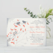 Coral Orange Grey Birds Feuille Faire-part de mari (Debout devant)