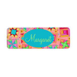 Coral Orange Personalize Patchwork Quilt Block Art Etiket