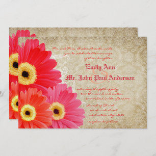Coral Oranje roze Gerber Daisy Wedding Invitation Kaart