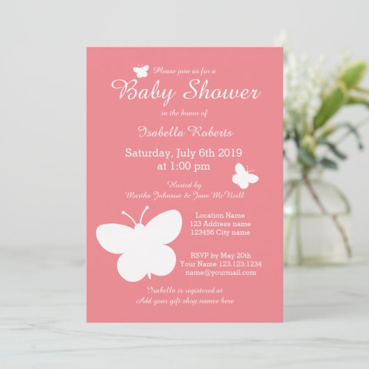 Coral papillon bébé invitations pour une fille (Debout devant)