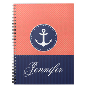 Coral Pattern Blue Anchor Persoonlijke naam Notitieboek