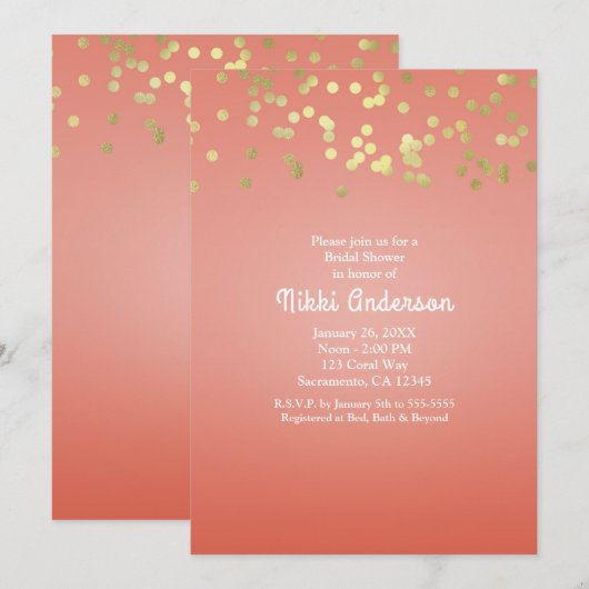 Coral Peach Dipped Chic Gold Dots Party Invitation (Devant / Derrière)