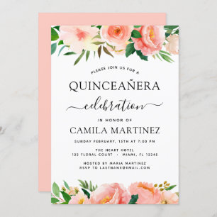 Coral Peach Floral Quinceañera Invitation de verdu