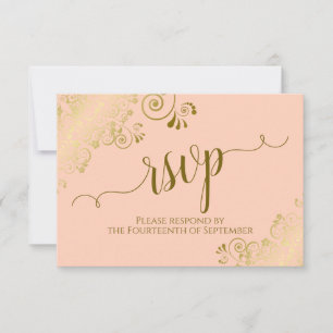 Coral Peach Gold Lace Elegant Calligraphy Wedding RSVP Kaartje