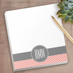 Coral Peach Gray Chevrons Custom Triple Monogram Notitieblok