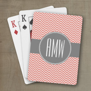 Coral Peach Gray Chevrons Custom Triple Monogram Speelkaarten