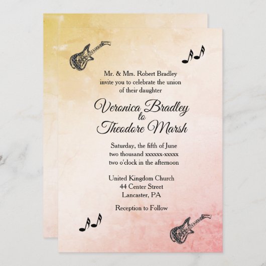 Coral Peach Guitar Thème Faire-part de mariage (Devant / Derrière)