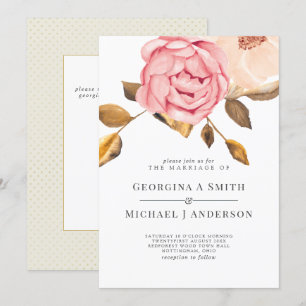 Coral Peach Pink Gold Floral Wedding Invitations Kaart