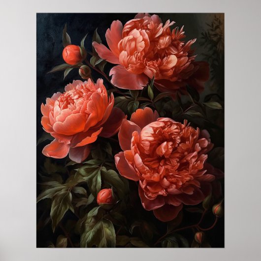 Coral Peony Flowers Art Print Poster (Devant)