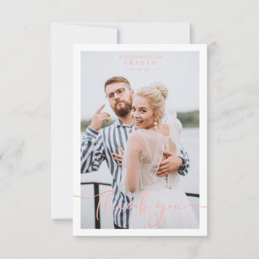 Coral Personalized Photo Wedding Whimsical Script Bedankkaart (Voorkant)