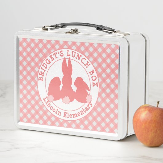 Coral Pink Bunnies & Gingham Pattern, gepersonalis (In situ)