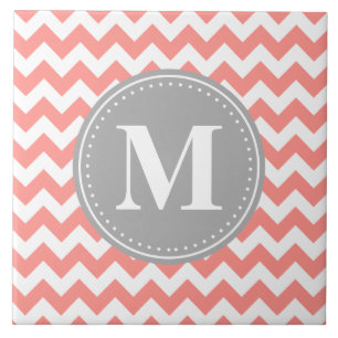 Coral Pink Chevron Zigzag Gray Monogram Tegeltje