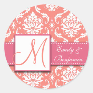Coral Pink Damask Trouwgunst Sticker Roze
