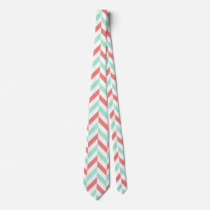 Coral Pink en Mint Green Herringbone Pattern Stropdas