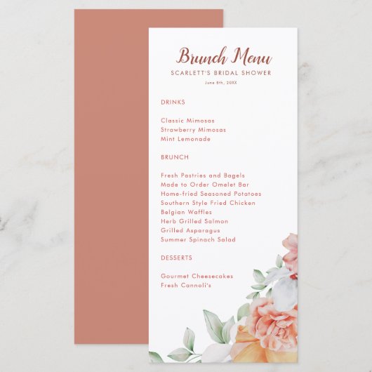 Coral Pink Floral Bridal Brunch Shower Menu (Voorkant / Achterkant)