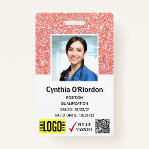 Coral Pink Glitter-technicus Foto-ID QR Barcode Badge