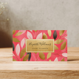 Coral Pink Gold Leaves Botanical Business Cards Visitekaartje