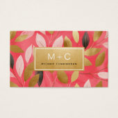 Coral Pink Gold Leaves Monogram Business Cards (Devant)