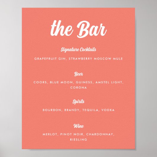 Coral Pink Modern Script Wedding Bar Menu Poster (Voorkant)