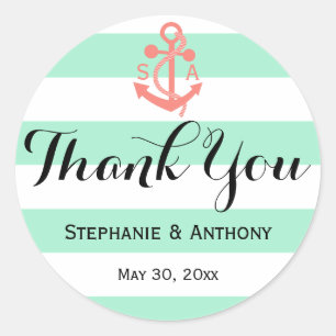 Coral Pink Nautical Anchor en Mint Green Wedding Ronde Sticker