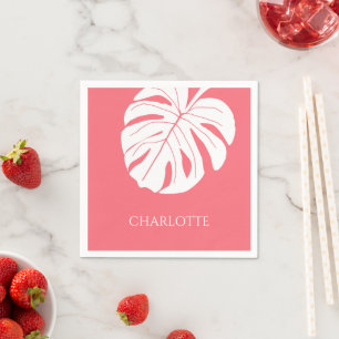Coral Pink Tropical Summer Palm Leaf Custom Name Servet