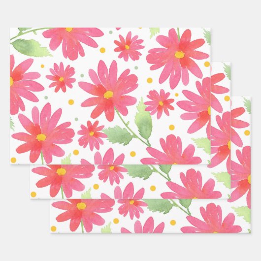 Coral Pink Waterverf Daisy Pattern 2 Inpakpapier Vel (Set)