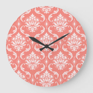 Coral Pink White Classic Damask Patroon Grote Klok