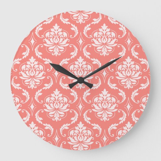 Coral Pink White Classic Damask Patroon Grote Klok (Voorkant)