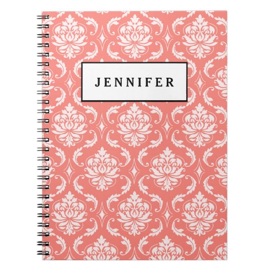 Coral Pink White Classic Damask Patroon Notitieboek (Voorkant)