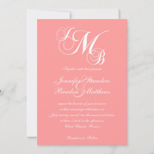 Coral Pink White Three Letter Wedding Invitations (Devant)