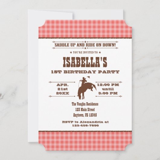 Coral Plaid Cowboy Rodeo Anniversaire Invitation (Devant)