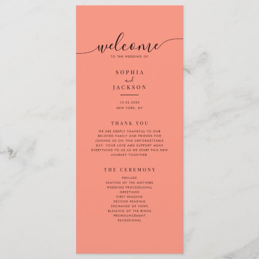 Coral Pop Modern minimalistisch huwelijksprogramma Programma (Voorkant)