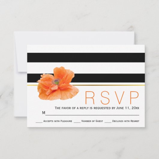 Coral poppy, noir blanc rayé mariage RSVP (Devant)