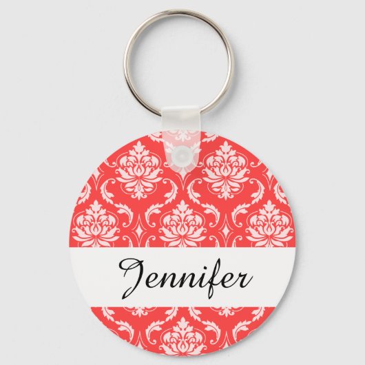 Coral Red Classic Damask Patroon Sleutelhanger (Voorkant)