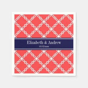 Coral Red Fancy Quatrefoil Navy Naam Monogram Servetten