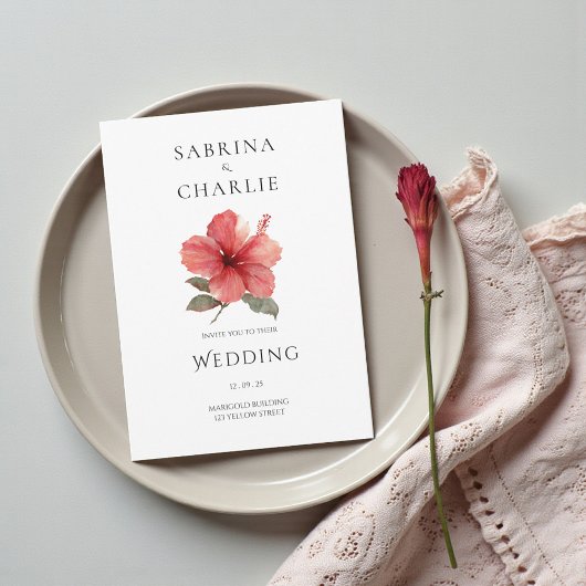 Coral Red Hibiscus Floral Tropical Wedding Kaart